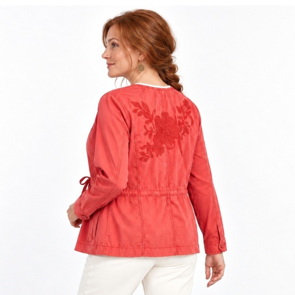 Floral Embroidered Utility Jacket Petite L Coral Cotton Tie Waist Boho Artsy